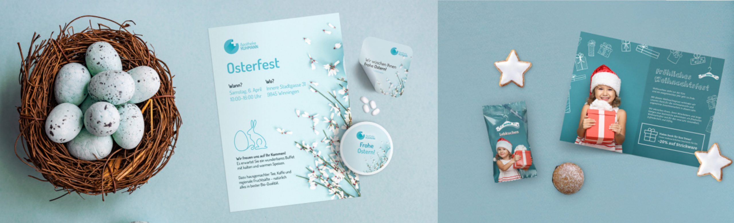 Ein Nest mit gesprenkelten Eiern neben einem Osterflyer, einer Karte und einem Behälter. Rechts ein Weihnachtsflyer mit einem Kind mit Weihnachtsmannmütze, Keksen und einer festlichen Verpackung auf blauem Hintergrund.