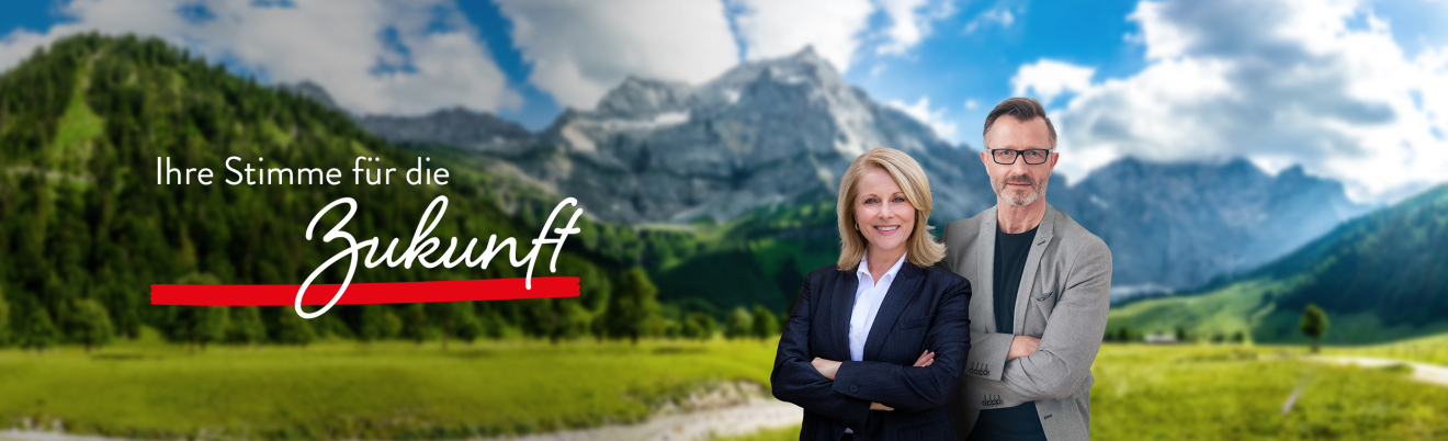 Ein Mann und eine Frau in Business-Kleidung stehen lächelnd vor einer malerischen Berglandschaft mit grünen Feldern. Neben ihnen steht "Ihre Stimme für die Zukunft", was so viel bedeutet wie "Ihre Stimme für die Zukunft".