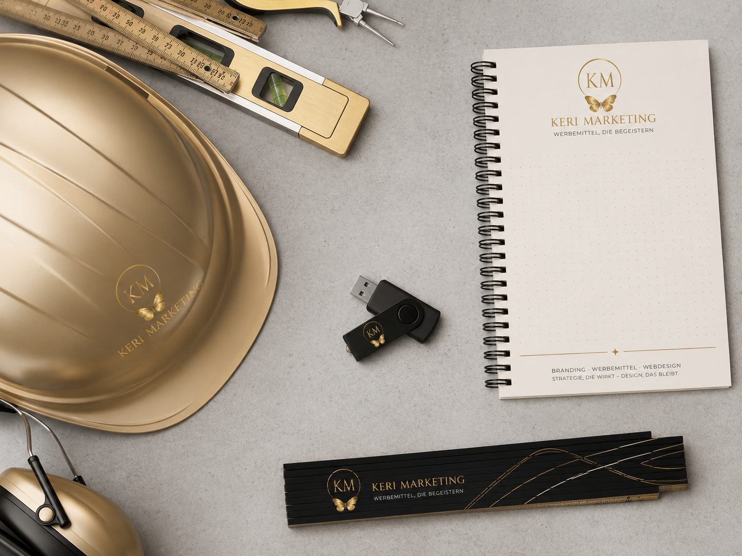 Ein goldener Schutzhelm, ein spiralgebundenes Notizbuch, ein USB-Stick, ein Lineal, ein Stift, eine Wasserwaage und Ohrenschützer sind als hochwertige Werbemittel auf einer grauen Fläche angeordnet. Alle Artikel sind mit dem Keri Marketing-Logo in Gold und Schwarz versehen.