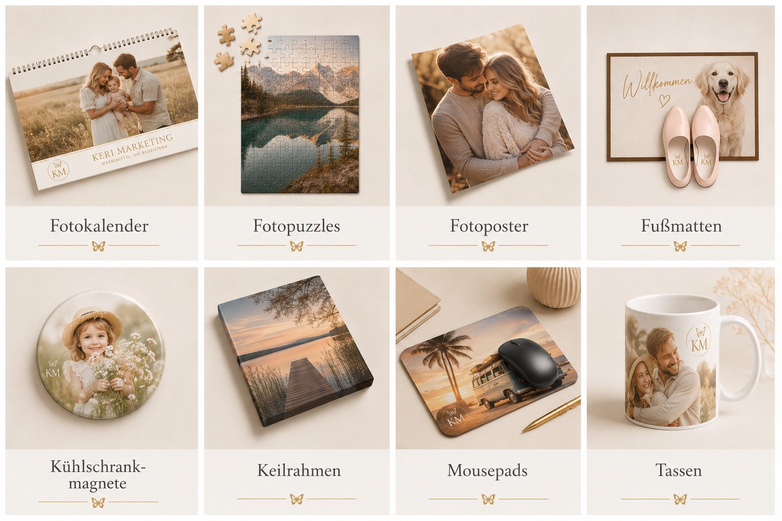 Eine Collage zeigt acht personalisierte Fotogeschenke - ideal als Werbemittel -, darunter ein Fotokalender, ein Puzzle, ein Poster, eine Fußmatte, ein Kühlschrankmagnet, eine Fototafel, ein Mousepad und eine Tasse mit individuellen Fotos und weichen, neutralen Hintergründen.