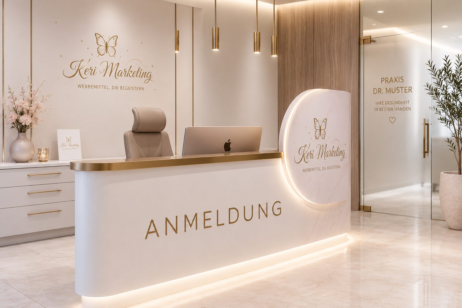 Moderner Empfangsbereich mit einem weiß-goldenen Schreibtisch mit der Aufschrift ANMELDUNG und dem Werbemittel neben dem Logo - einem Schmetterling und "Keri Marketing". Glastüren auf der rechten Seite führen zur Praxis Dr. Muster. Die Dekoration umfasst pastellfarbene Blumen.