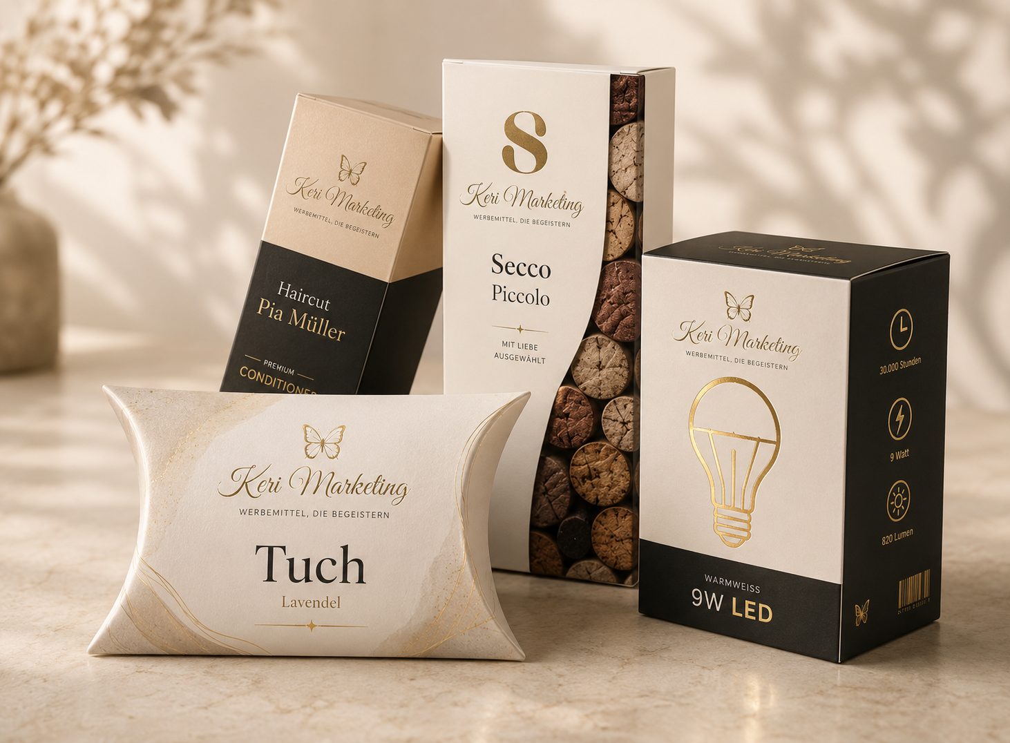Vier elegant gestaltete Werbemittelverpackungen sind auf einer hellbeigen Fläche angeordnet. Die Schachteln weisen neutrale Farben, goldene Akzente und minimalistische Grafiken auf, darunter ein Schmetterling, eine Glühbirne und abstrakte Steinmuster.