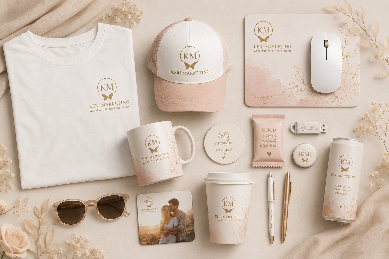 Flat Lay von Keri Marketing Werbemitteln, darunter ein T-Shirt, eine Mütze, ein Becher, eine Getränkedose, eine Kaffeetasse, ein Mousepad mit Maus, Stifte, ein Notizbuch, eine Sonnenbrille, Leckereien und ein Untersetzer - alles in sanften Beige- und Rosatönen.