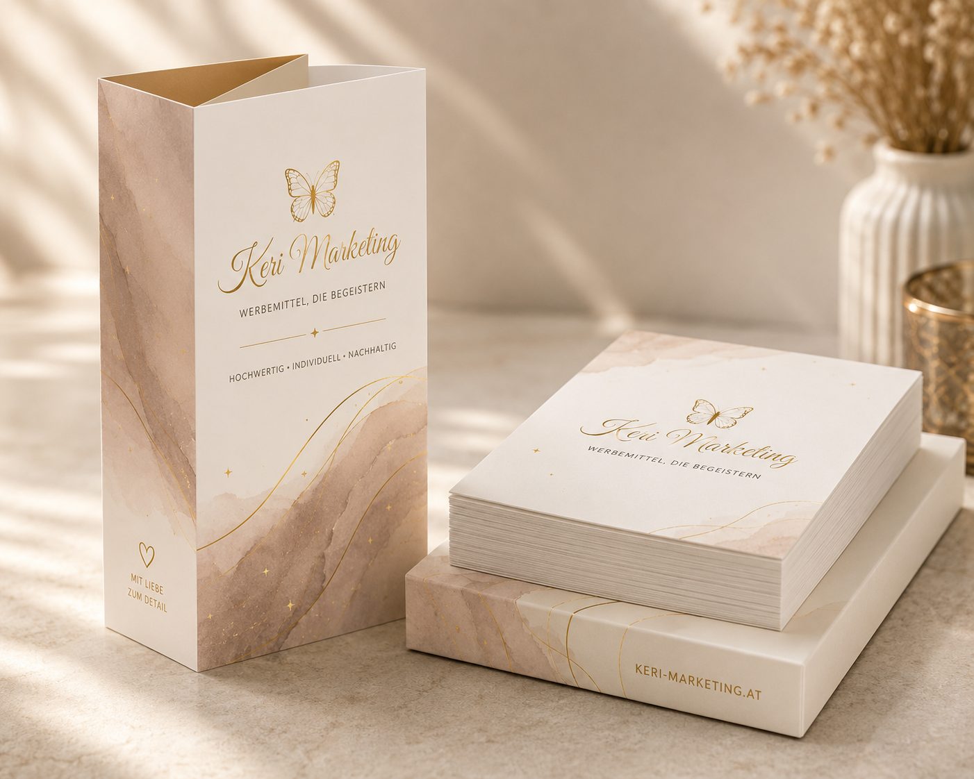 Ein Stapel eleganter Marketingbroschüren und eine stehende gefaltete Werbemittelkarte mit goldenem Schmetterling und Text, die ein beiges Marmordesign aufweist, auf einem hellen Holztisch mit einer kleinen Topfpflanze im Hintergrund.
