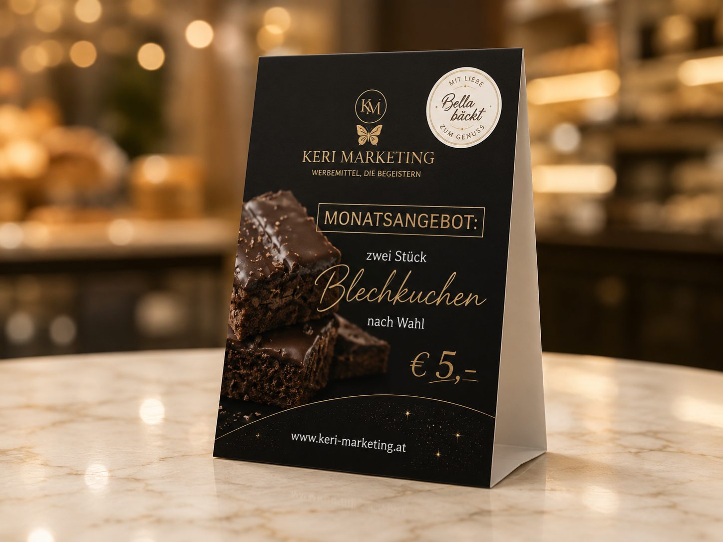 Ein Werbemittel-Tischschild auf einer Marmorfläche wirbt für ein Sonderangebot: zwei Stück Schokoladenkuchen für 5 €, mit elegantem Text in Gold und Weiß und Bildern des Kuchens auf einem verschwommenen Café-Hintergrund.