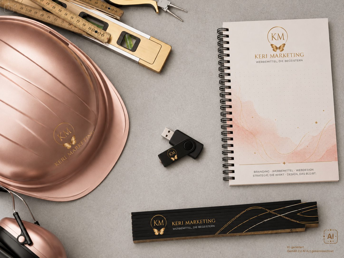 Marken-Schreibwaren, ein roségoldfarbener Schutzhelm, ein USB-Stick, ein Notizbuch, ein Lineal und ein Kugelschreiber – allesamt mit dem Keri-Marketing-Logo versehen – ordentlich auf einer beigen Unterlage angeordnet.