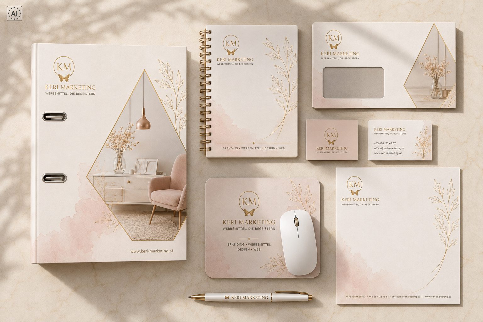 Ein aufeinander abgestimmtes Set an Marken-Büroartikeln für Keri Marketing, bestehend aus einem Ordner, einem Notizbuch, einem Mauspad, einem Kugelschreiber, Briefumschlägen, Visitenkarten und Briefpapier mit eleganten Designs in Beige und Gold.