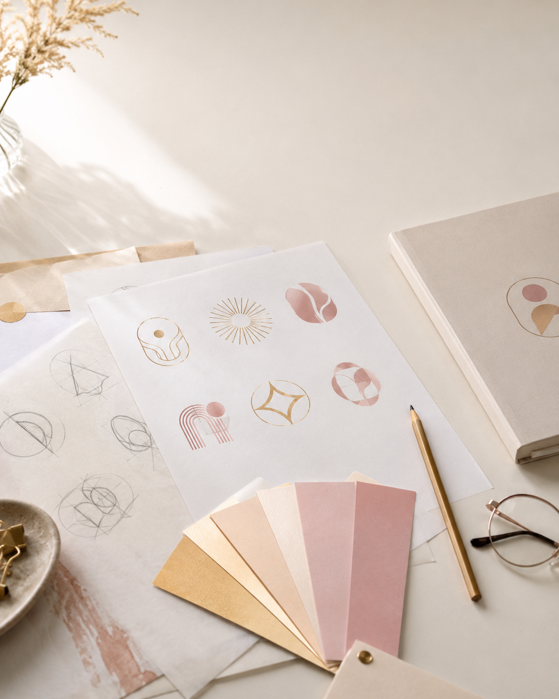 Moodboard mit Logoentwürfen, Farbmustern und Schriftproben in Rosé und Gold