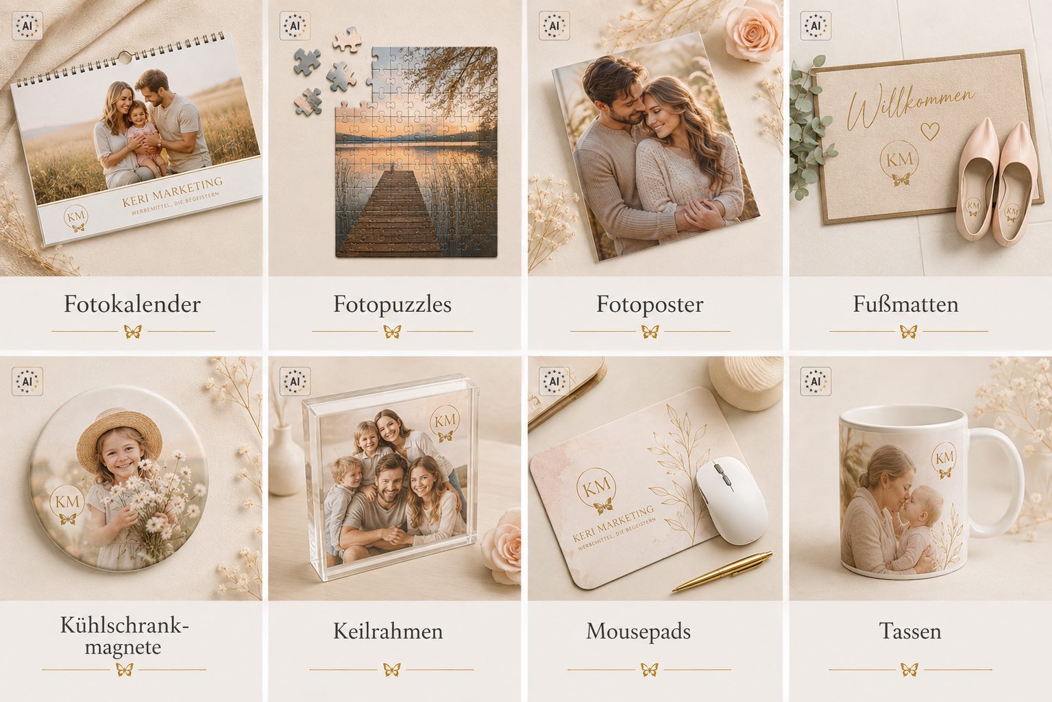 In einer Rasteransicht werden personalisierte Fotogeschenke angezeigt, darunter ein Kalender, Puzzles, ein Poster, eine Fußmatte, ein Kühlschrankmagnet, ein gerahmter Druck, ein Mauspad und eine Tasse, die jeweils individuelle Familien- oder Paarfotos in sanften, neutralen Farbtönen zeigen.