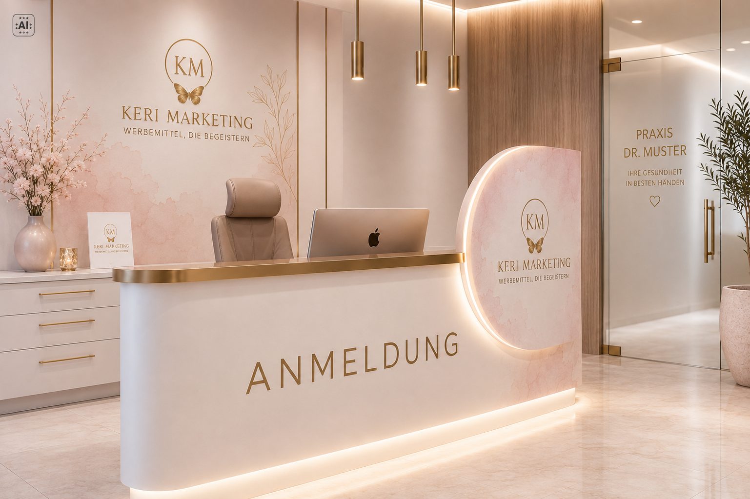 Moderner Empfangsbereich mit einem eleganten Schreibtisch mit der Aufschrift „ANMELDUNG“, einem Stuhl, einem iMac, goldenen Akzenten sowie Beschilderungen für „Keri Marketing“ und „Praxis Dr. Muster“ an den Wänden und an der Glastür. Die Einrichtung ist in hellen Farbtönen gehalten und wirkt elegant.