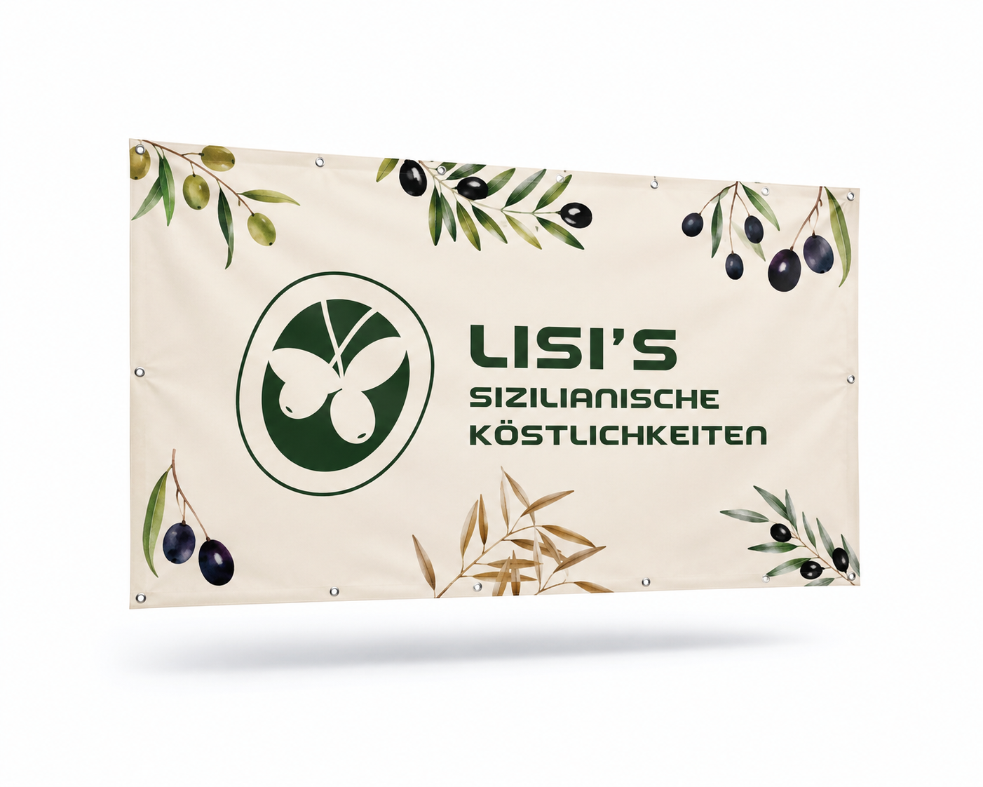 Bedrucktes Werbebanner mit Logo und Schriftzug