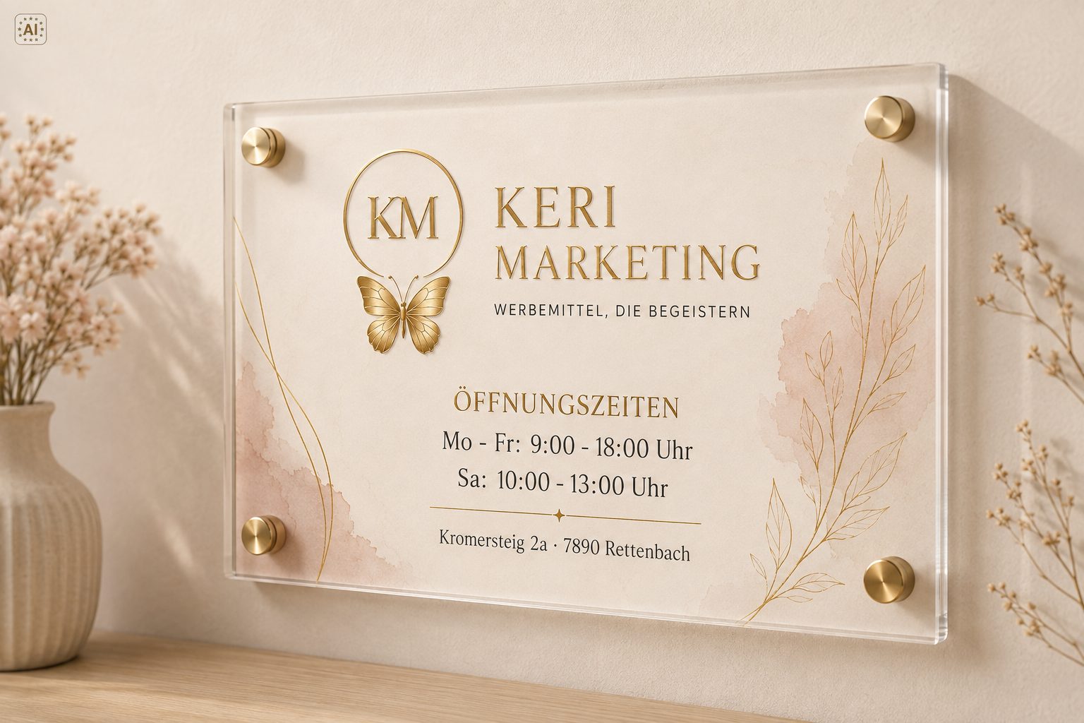 Ein Geschäftsschild aus Glas für Keri Marketing mit einem goldenen Schmetterling, den Öffnungszeiten und der Adresse auf beigem Hintergrund, befestigt mit goldenen Schrauben, neben einer Vase und Trockenblumen.