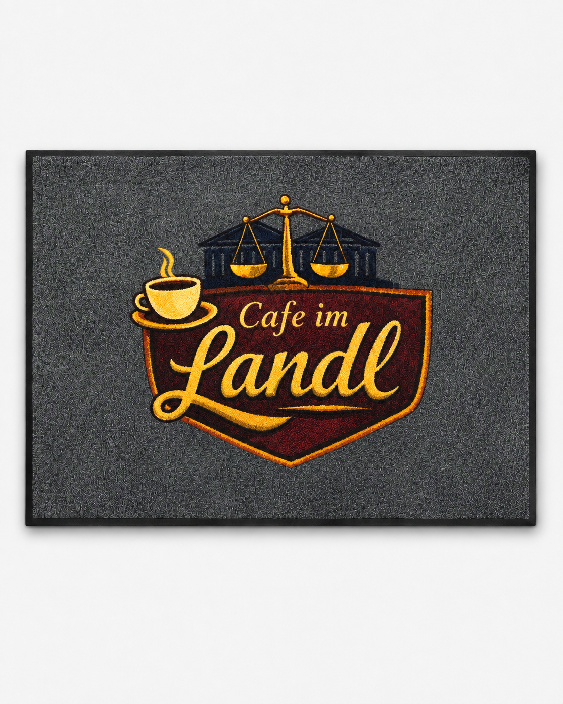 Bedruckte Schmutzfangmatte mit eingewebtem Logo in Anthrazit, Bordeaux und Gold