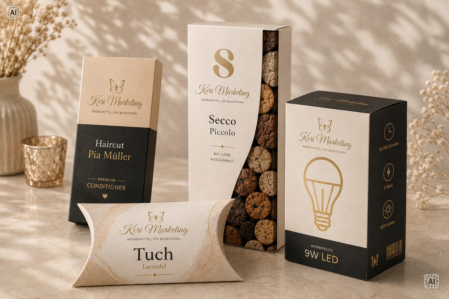 Auf einer beigen Fläche sind vier elegant gestaltete Produktverpackungen zu sehen, die sich durch ein minimalistisches Branding mit Schmetterlingen, Pflanzenmotiven und goldenen Akzenten auszeichnen. Zu den Produkten gehören eine Haarspülung, Lavendel-Reinigungstücher, Snacks und eine 9-W-LED-Glühbirne.