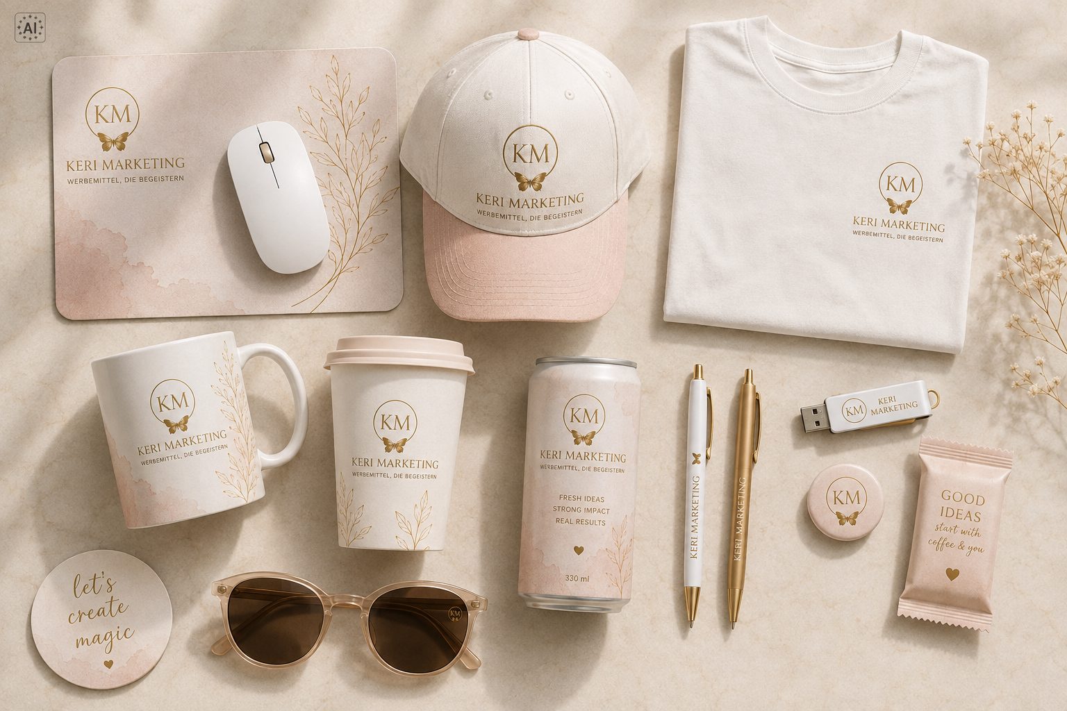 Werbeartikel mit dem Logo von Keri Marketing, darunter eine Tasse, eine Kappe, eine Maus, ein Mauspad, ein T-Shirt, Stifte, eine Sonnenbrille, eine Getränkedose, ein USB-Stick, ein Notizblock, ein Riegel und ein Becher, alles in sanften Beige- und Goldtönen.