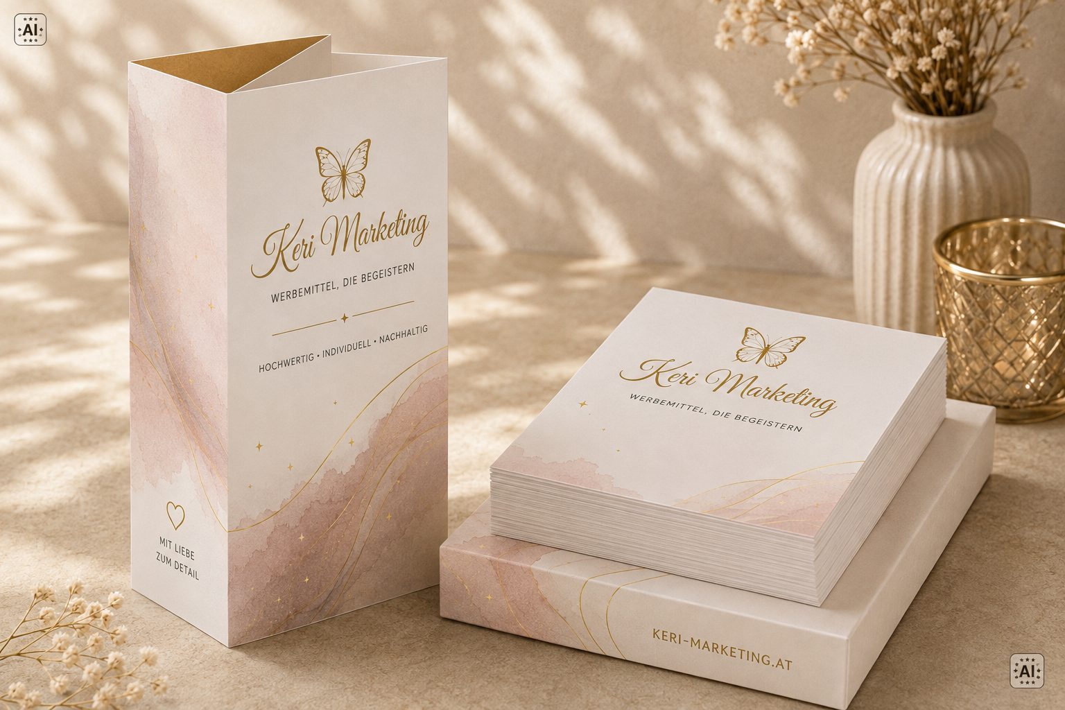 Elegante Marketingmaterialien mit goldenen Akzenten und einem Schmetterlingslogo. Enthält eine hohe Broschüre, gestapelte Notizblöcke und einen goldenen Becher auf einem beigen Untergrund. Der Text lautet „Keri Marketing“ und ist mit dekorativen Elementen versehen.