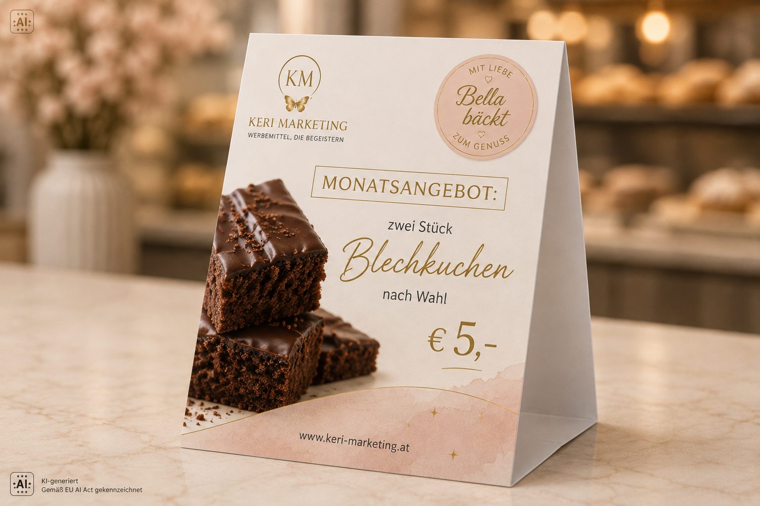 Tischaufsteller mit einem Foto von zwei Schokoladen-Blechkuchen, der für ein monatliches Angebot wirbt: Zwei Stück Blechkuchen Ihrer Wahl für 5 € von Keri Marketing. Dekorative Blumen und ein Bäckerei-Hintergrund sind zu sehen.